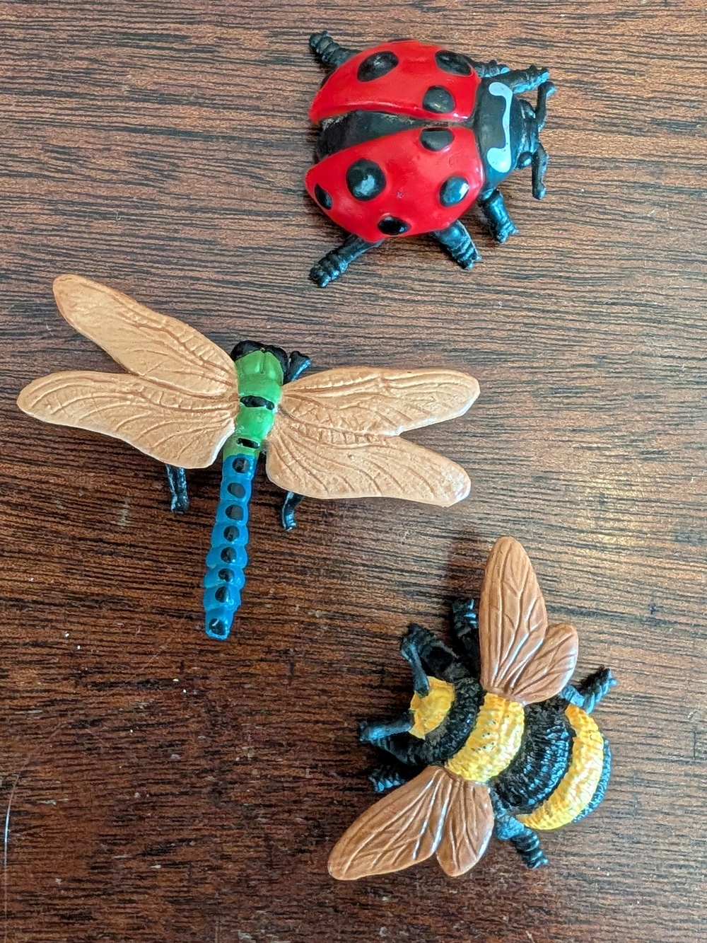 Set of 3 Kids Toy Insect Figures - Red Ladybug, Blue Dragonfly Yellow Bumblebee